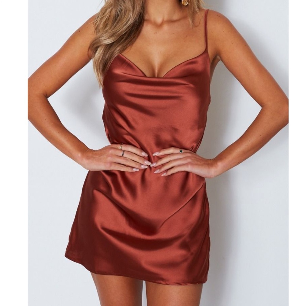 White fox rust satin dress